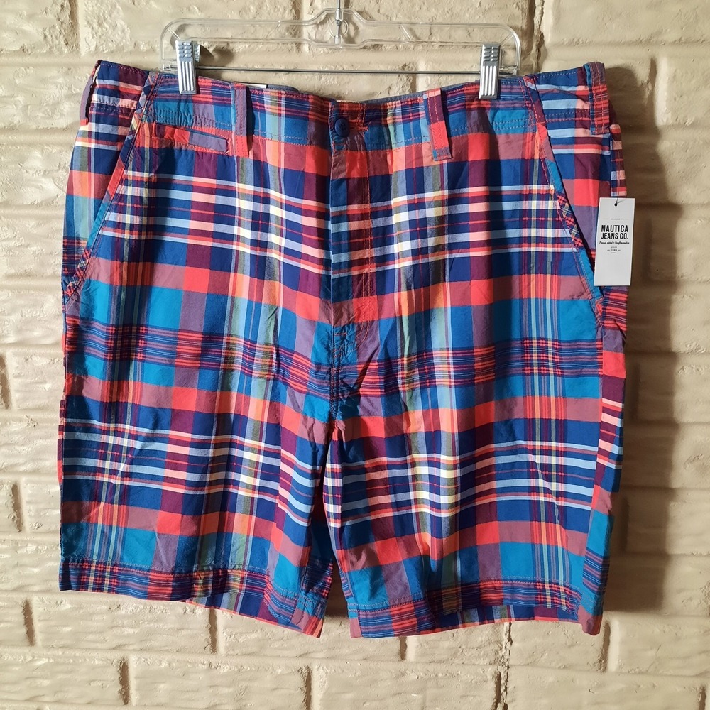 Nautica Shorts Mens Size 40 Blue Red‎ Plaid Trimmer Lightweight Summer Chino
